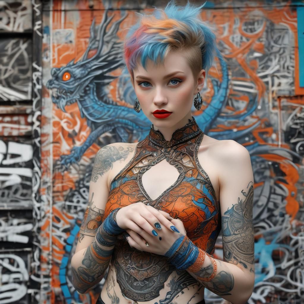 Vibrant Portrait of Woman with Dragon Tattoo in Dark Fantasy