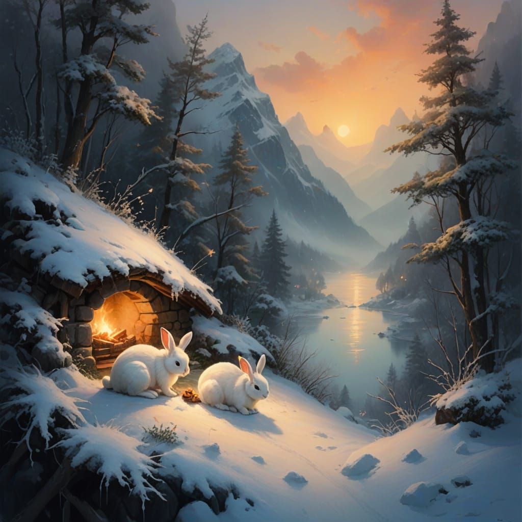 Whimsical Winter Wonderland of White Rabbits in Cozy Burrow