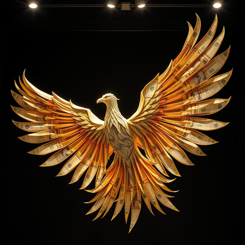 Phoenix Sculpture of Currency in Dramatic Gallery Lighting