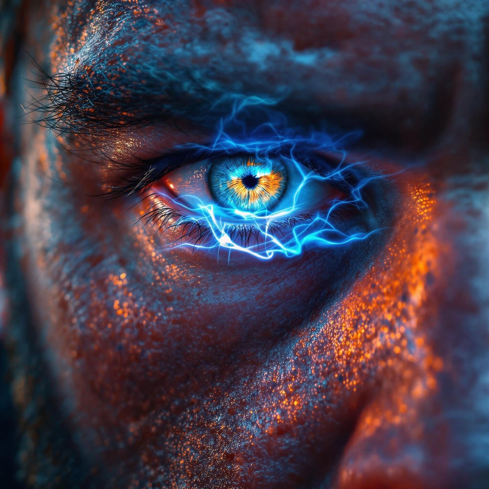 Warrior's Fiery Gaze in Neon Futurism