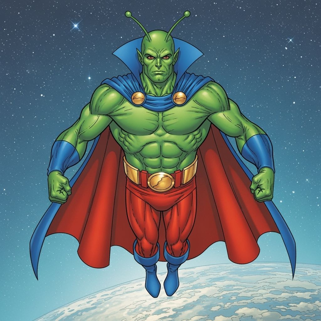 Green Martian Superhero Flies Through Space in Comic Book Ar...