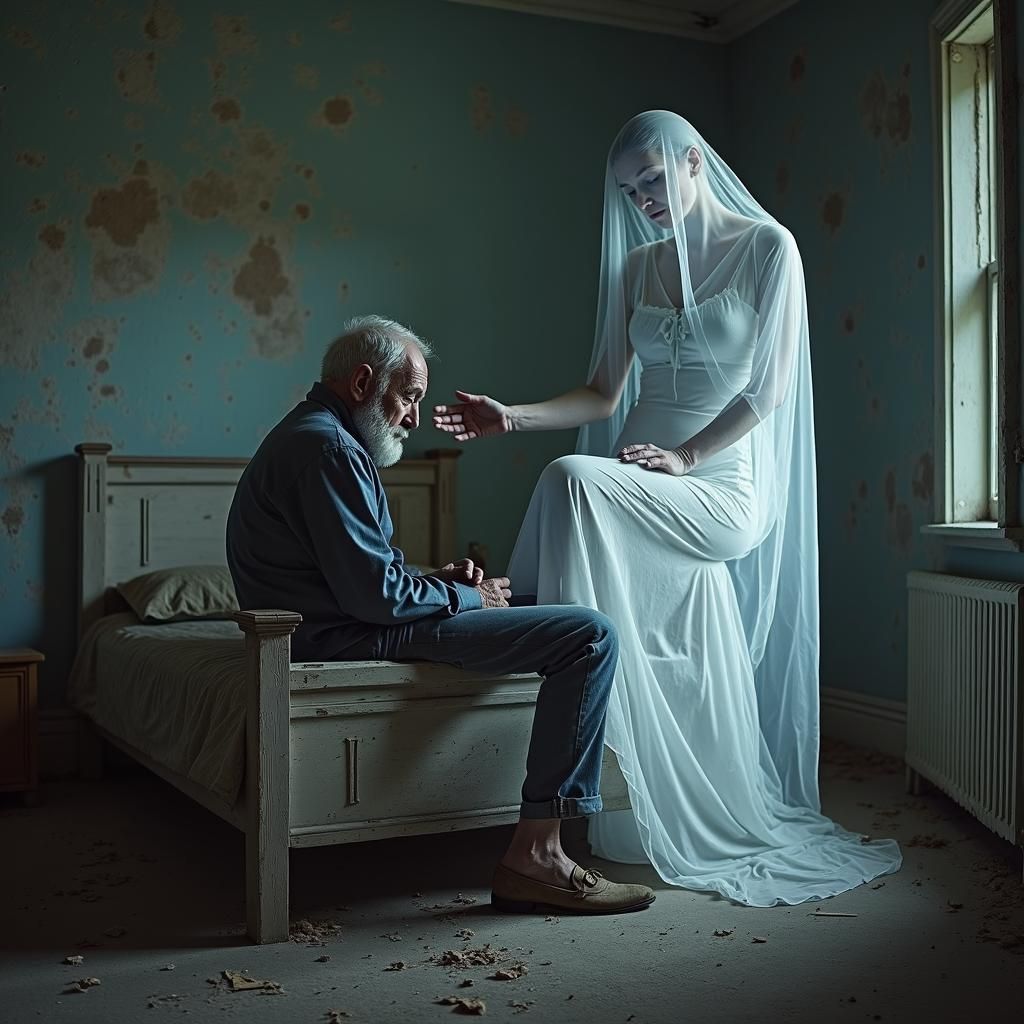 Sad Old Man with Ghost in Dusty Bedroom