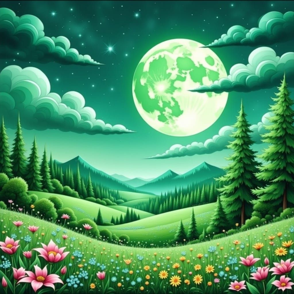 Lush Green Valley with Lilies and Green Moon