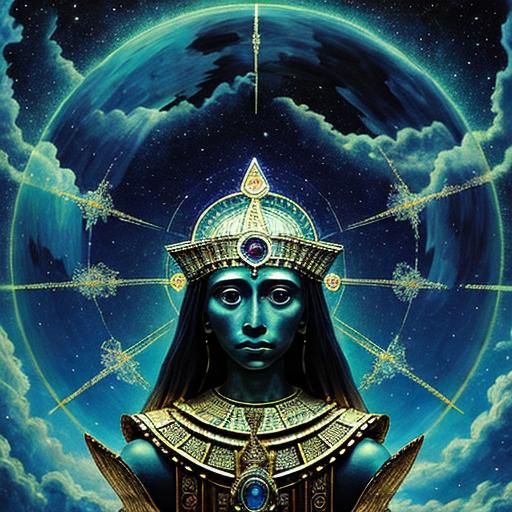 Ethereal Sumerian Priestess in Holographic Sky