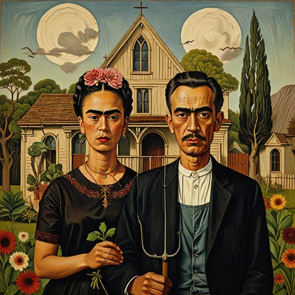 American Gothic in Frida Kahlo Style