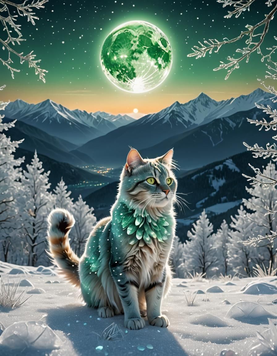 Icy Cat in Emerald Moonlight: Ethereal Digital Art