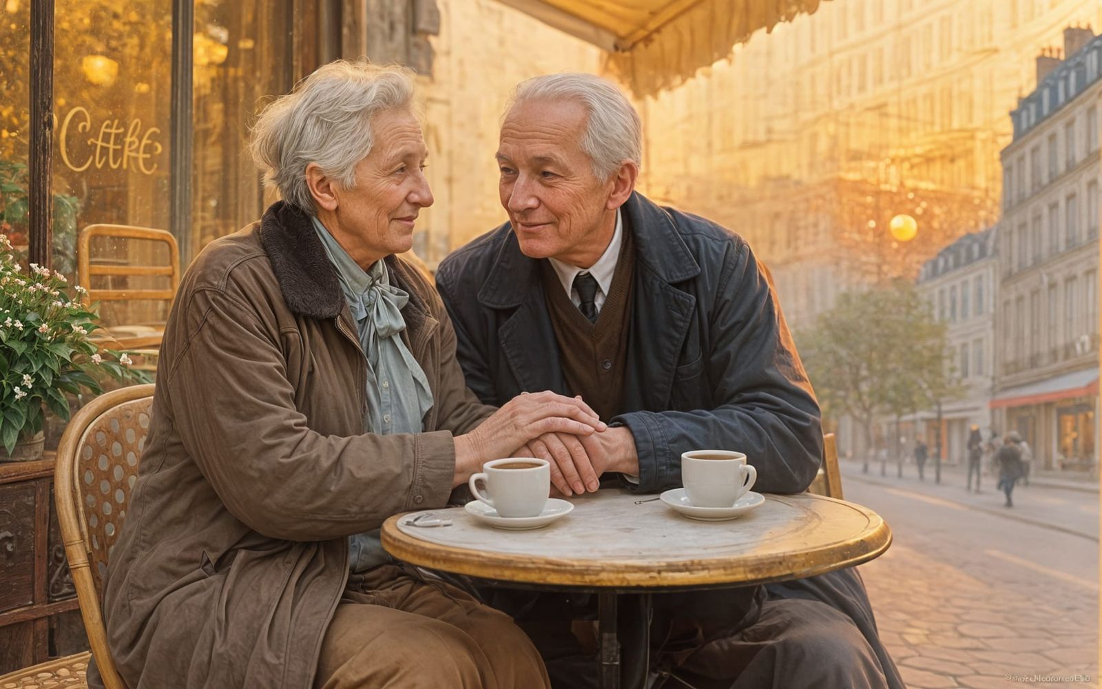 Elderly Couple Enjoying Coffee in Paris at Sunset