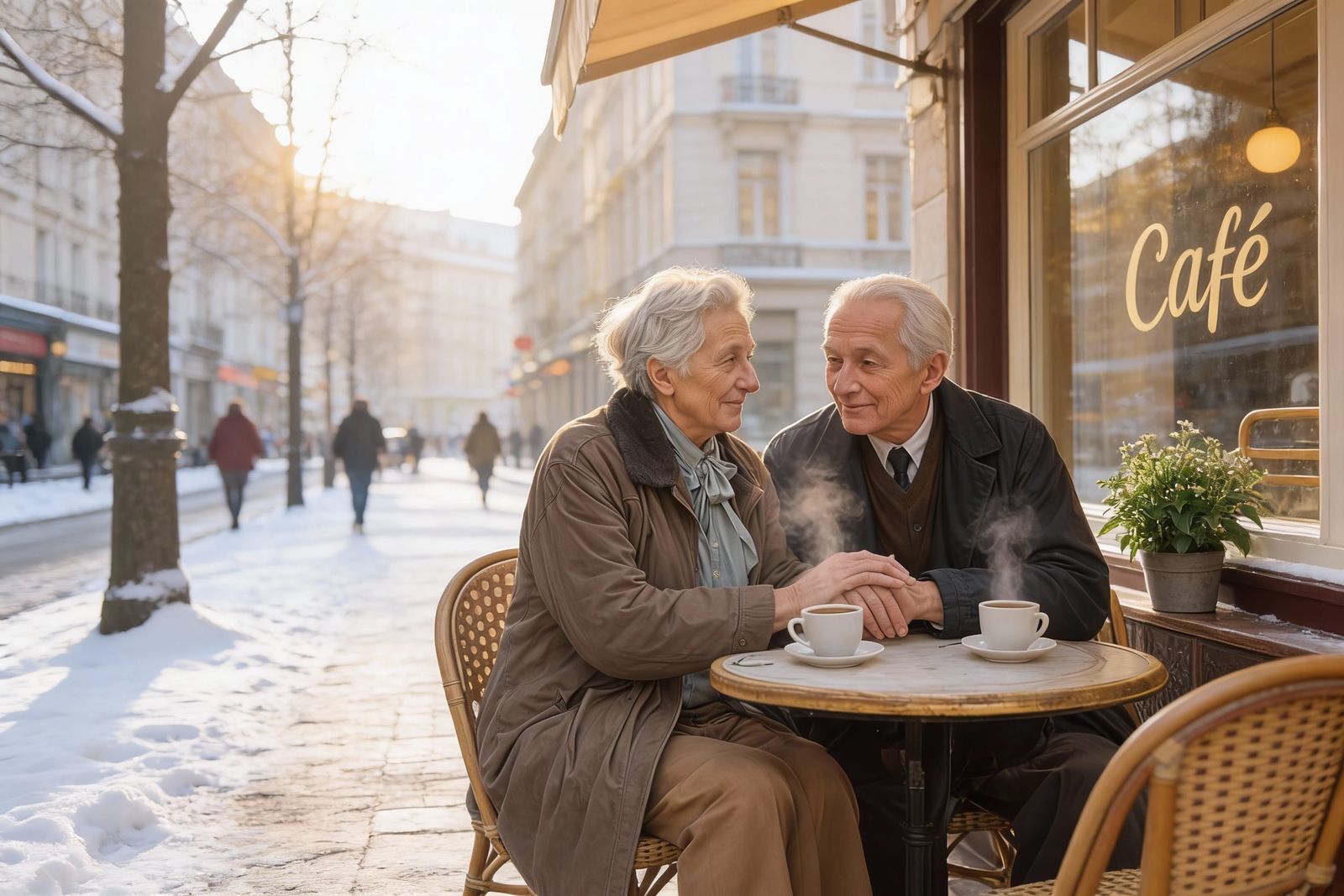 Elderly Couple Enjoying Coffee in Paris at Sunset