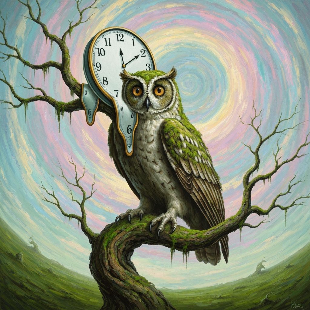 Surreal Owl and Melting Clock Landscape