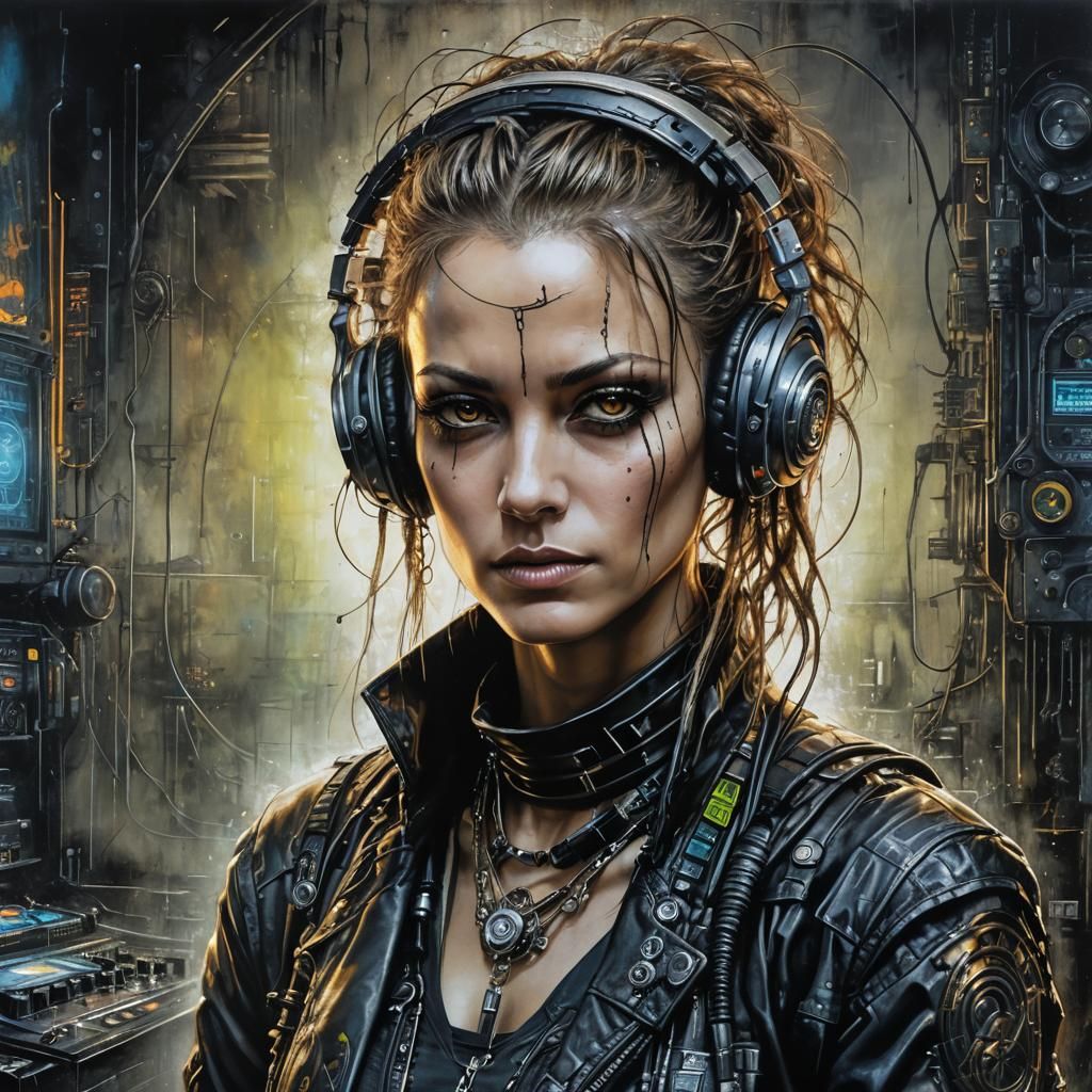 Cyberpunk DJ Portrait in Neon Mixed Media Style