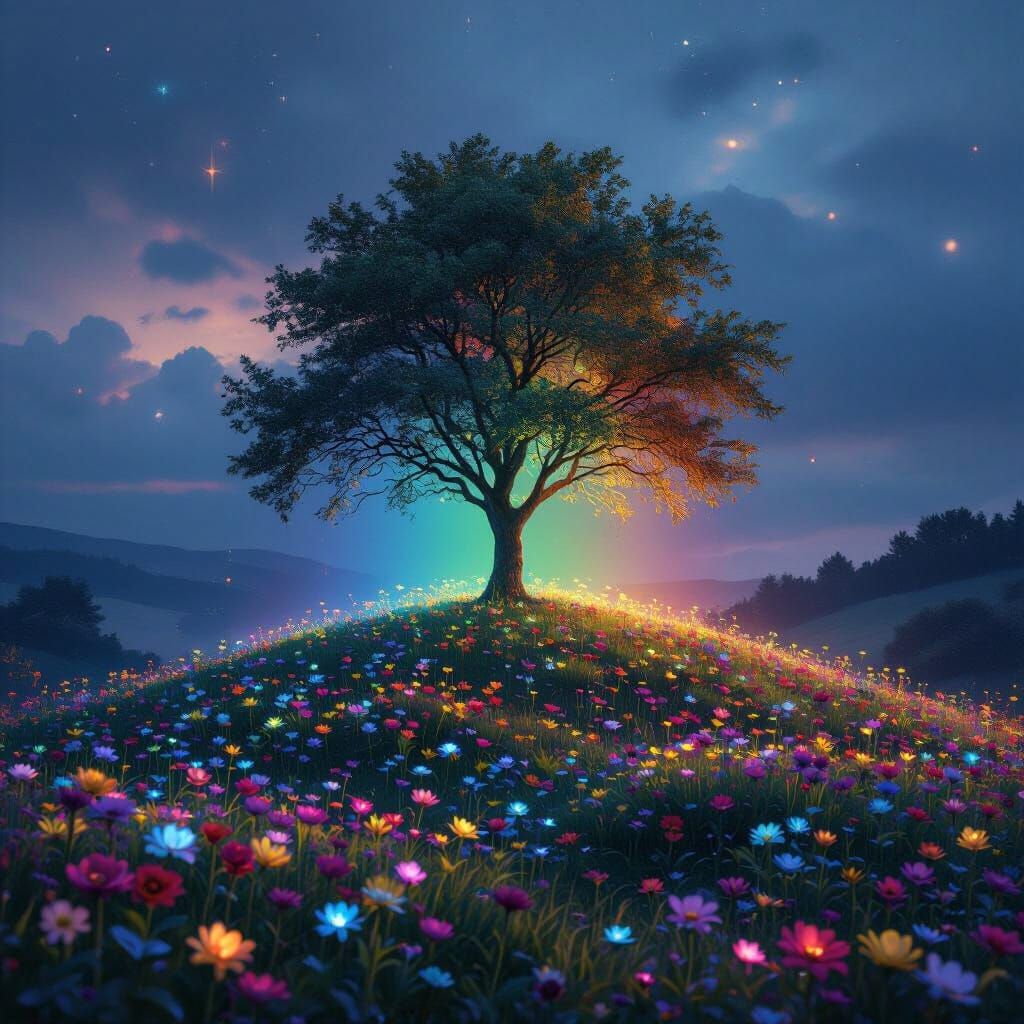 Rainbow Weeping Willow with Flowers, Dreamlike Digital Art
