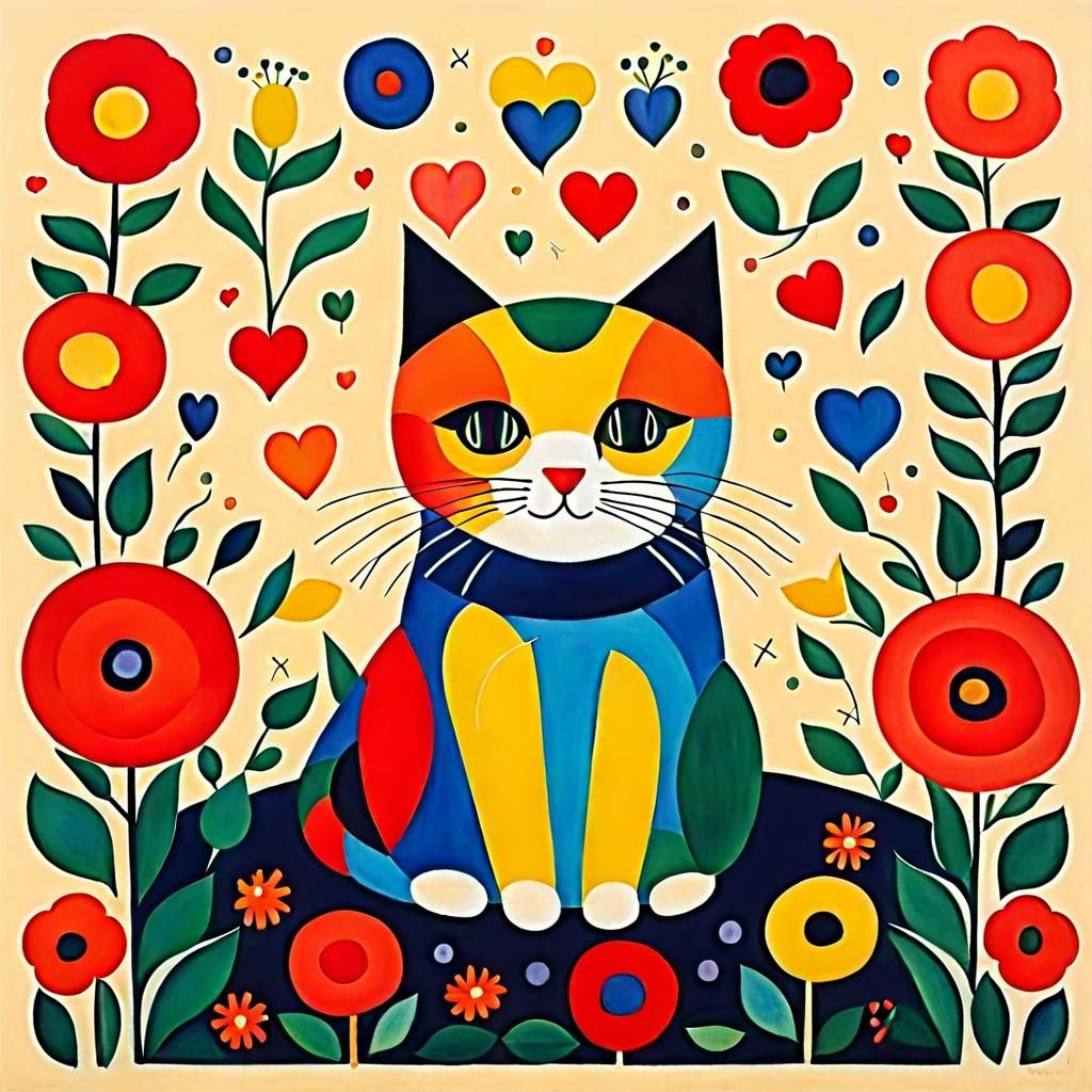 Suprematist Cat with Flowers in Malevich Style