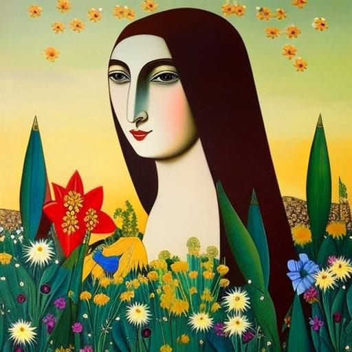 Woman in Flower Field: Art Deco Qajar Painting