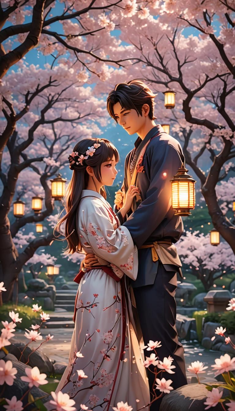 Anime Couple Embrace in Cherry Blossom Garden