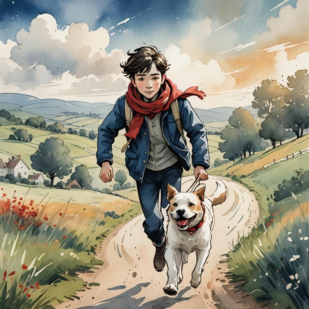 Boy and Dog in Countryside, French Comic Style