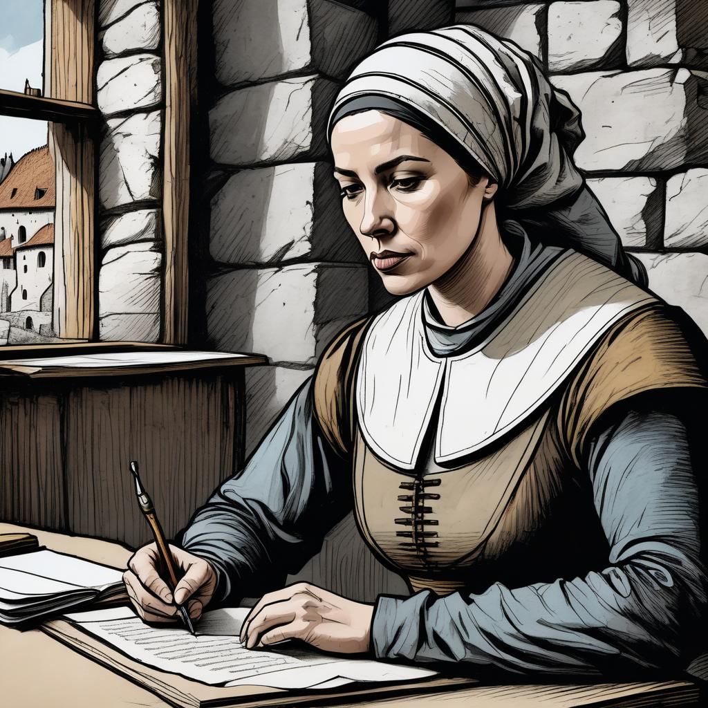 Hand-Drawn Sketch of Medieval City Clerk at Desk