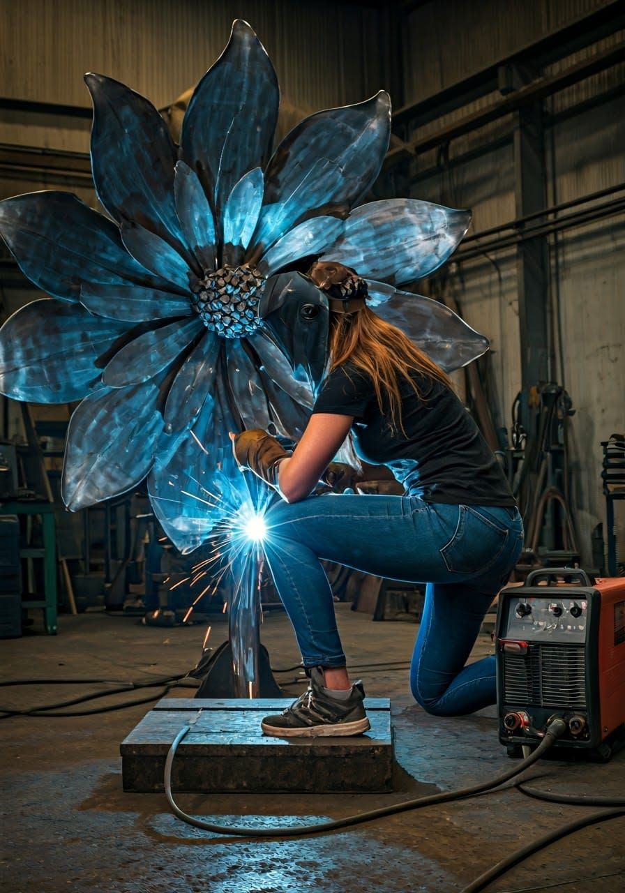 Female Welder Creates Metal Flower Art