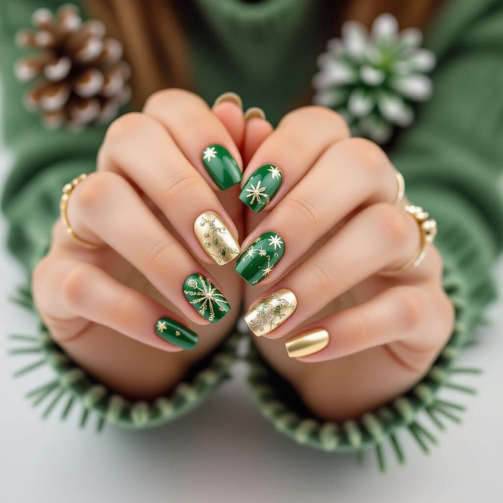 Festive Christmas Nail Art with Gold and Green Accents