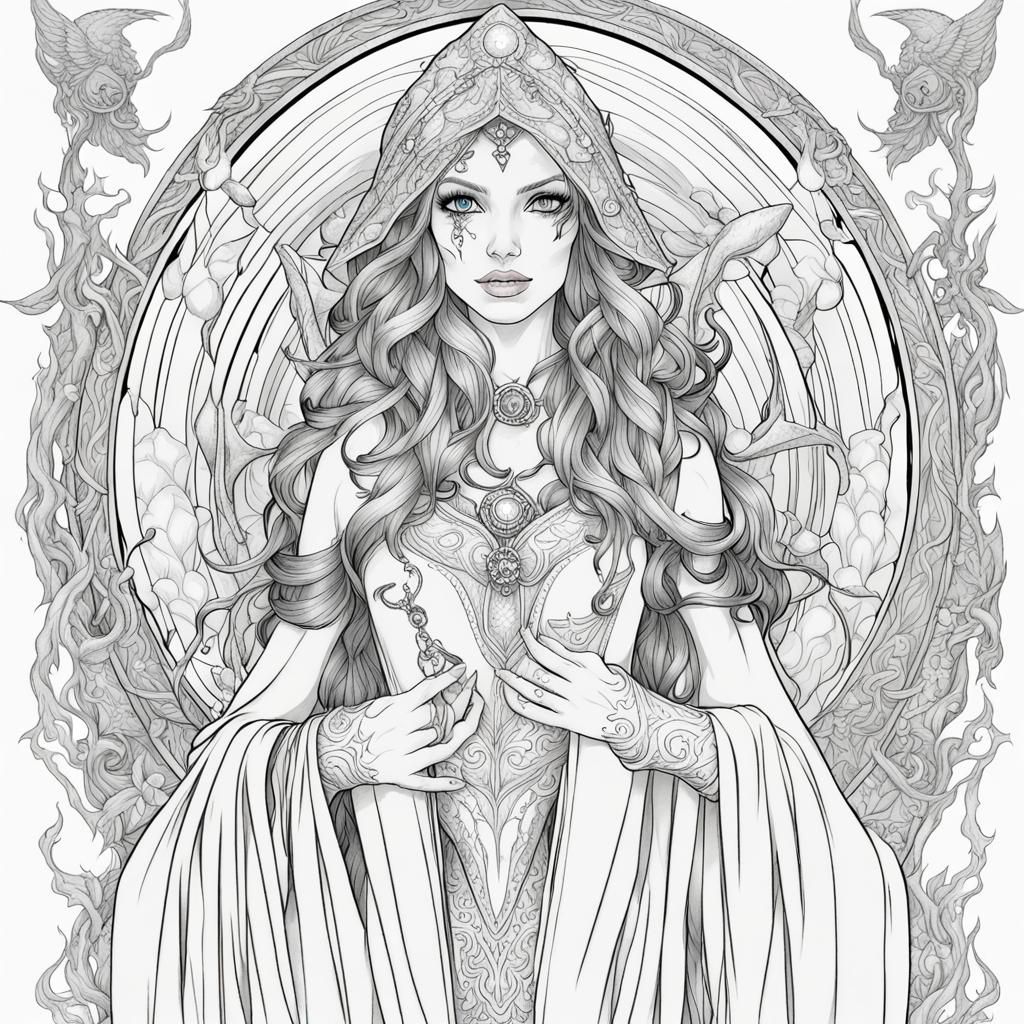 Fantasy Sorceress Coloring Page: Black and White Art