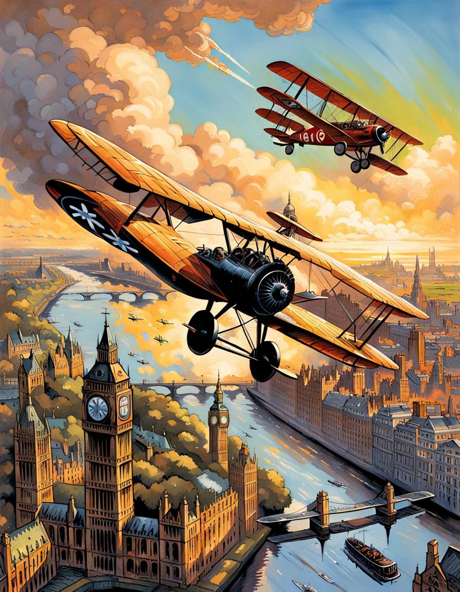 Fokker D.VIII Over London in Comic Book Art
