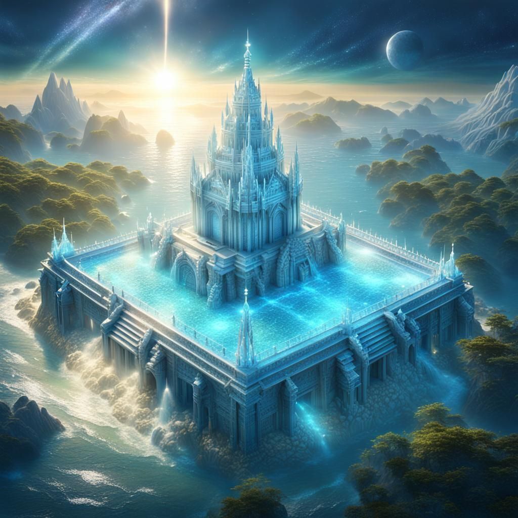 Aerial View of a Luminous Crystal Temple