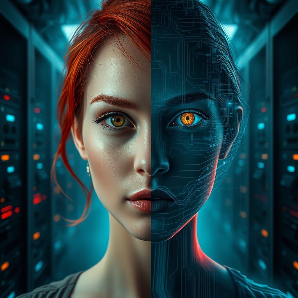 Redhead Cybergirl split portrait #01