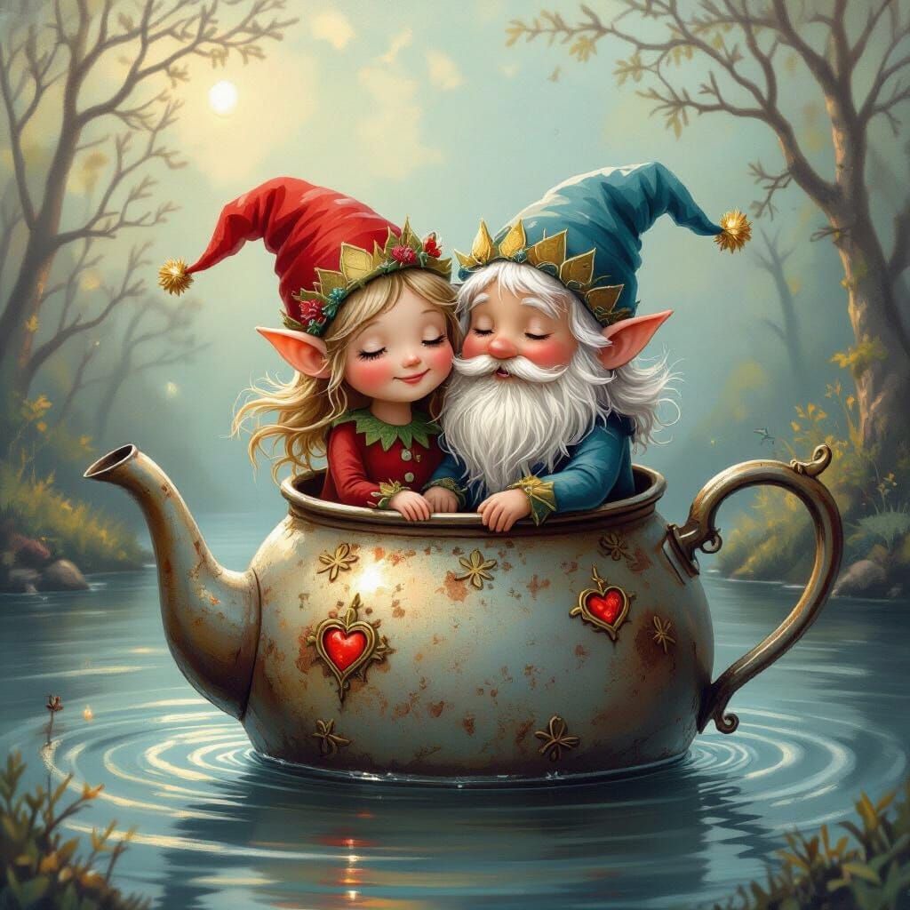 Two Elf Lovers Sail a Teapot Boat in a Dreamlike Landscape