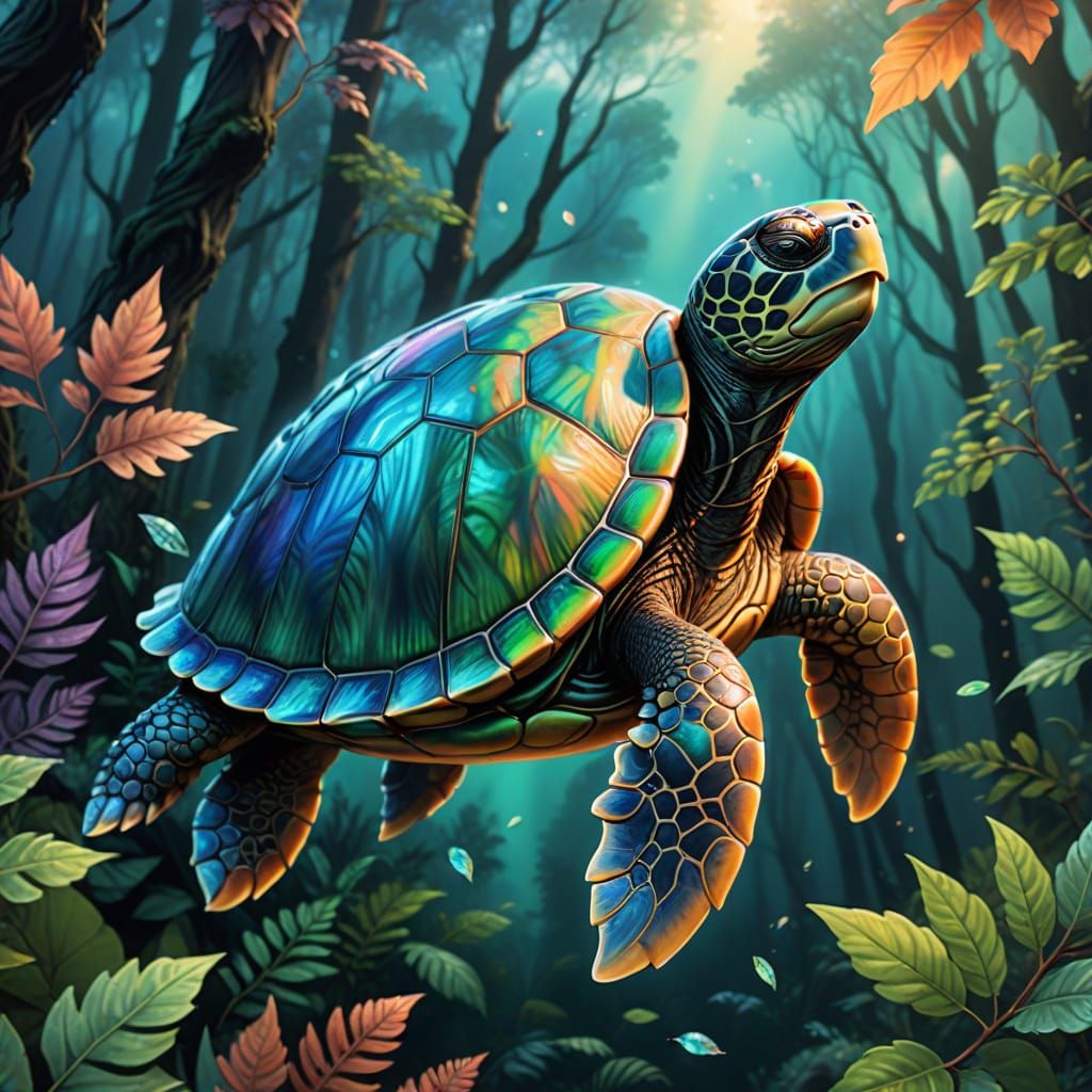 Iridescent Turtle Forest Sky: Fantasy Art