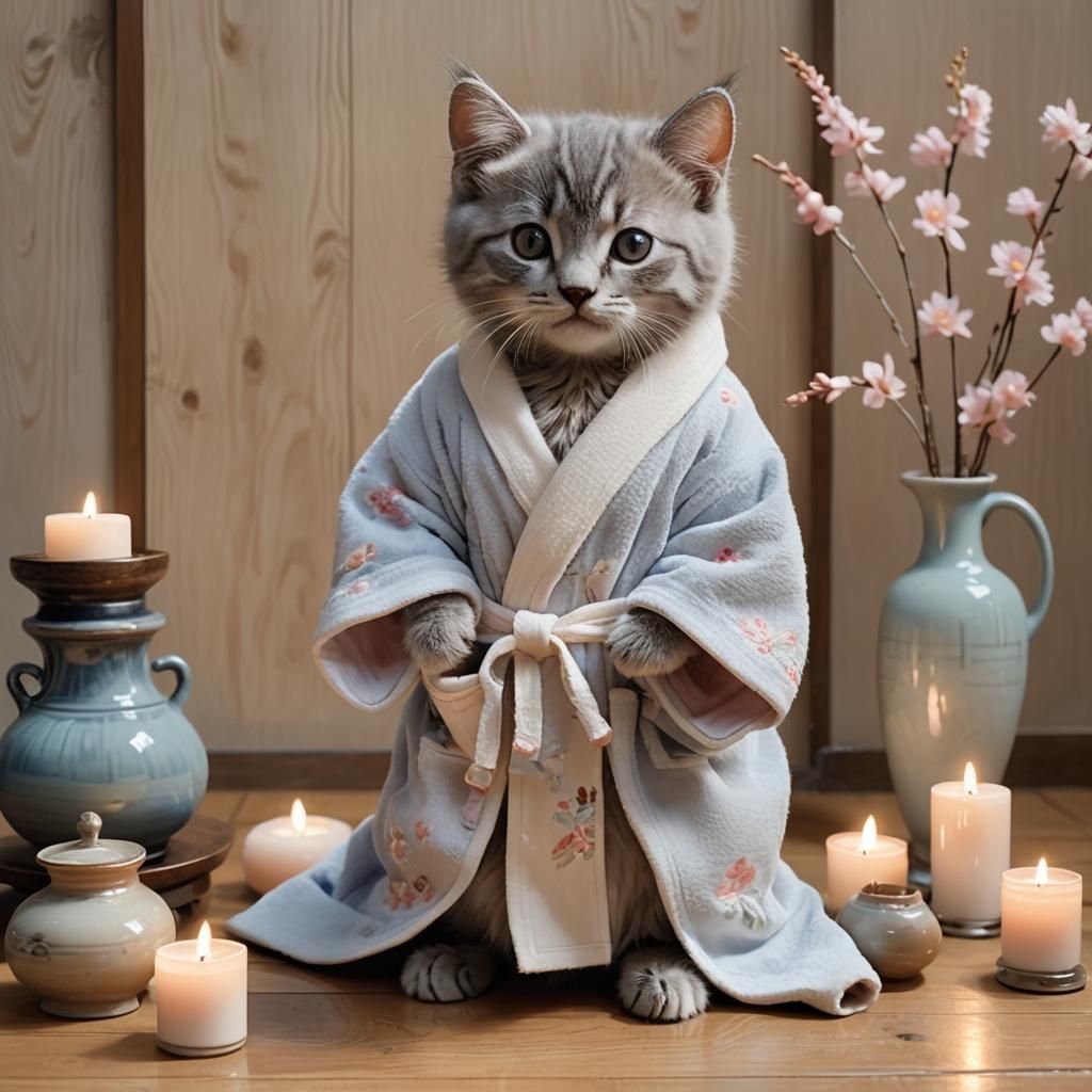 Kitten in Bathrobe in Dreamy Pastel Setting