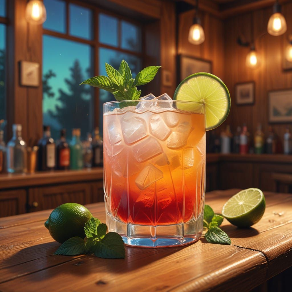 Vibrant Cocktail Scene with Golden Bar Backdrop