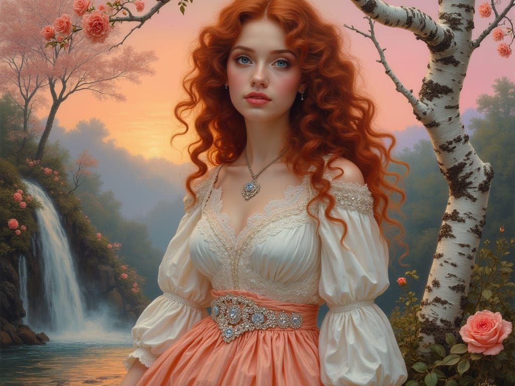 Woman with Auburn Curls in Sunset Garden Oil Painting
