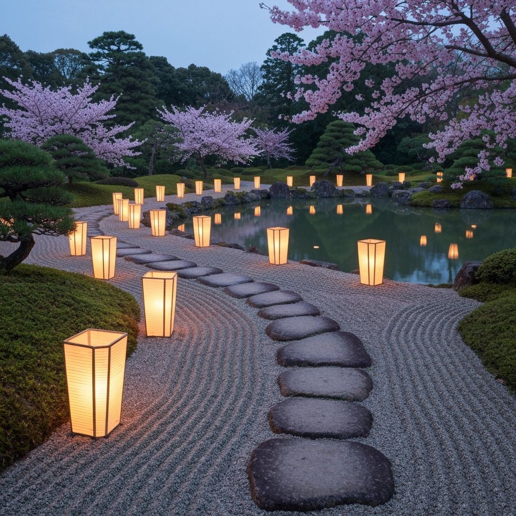 Japanese Garden at Dusk in Ukiyo-e Style