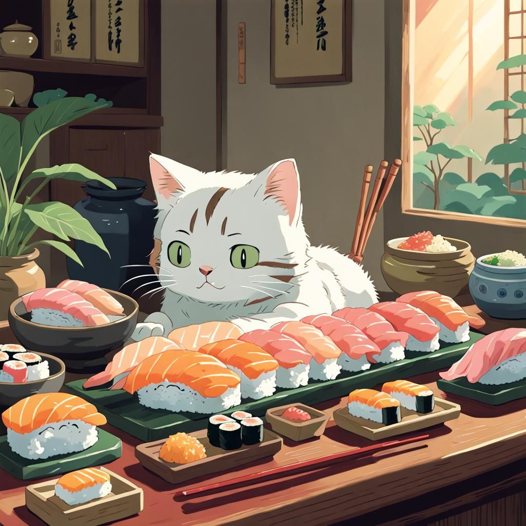 Sushi Cat in Studio Ghibli Anime Style