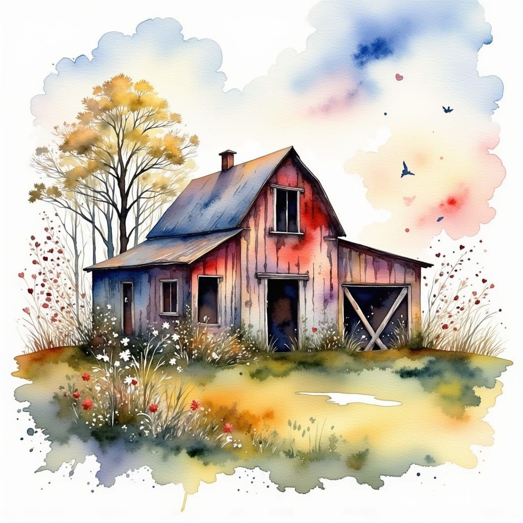 Rustic Barn in Watercolor Style