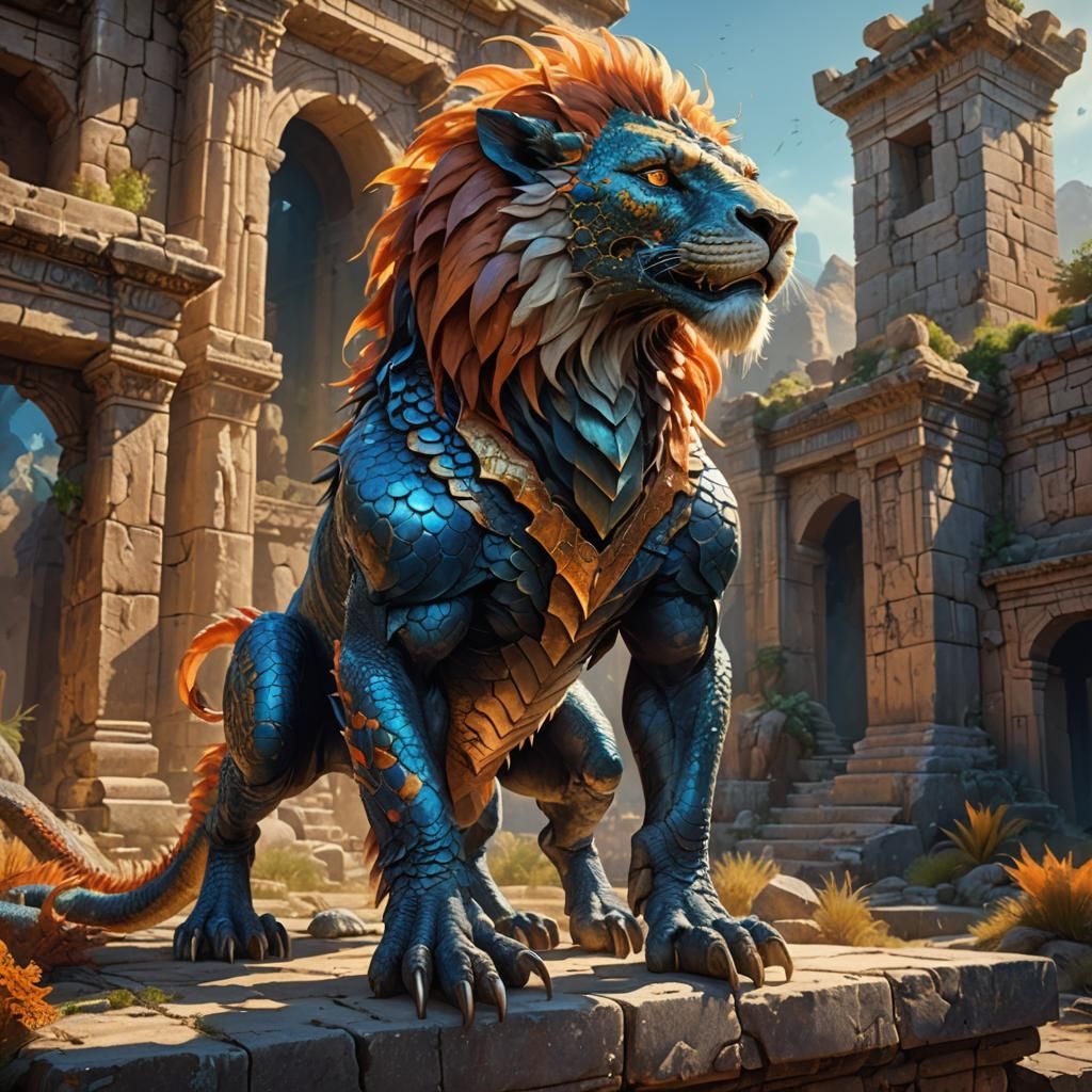 Lion-Lizard-Dragon Hybrid in Ancient Ruins