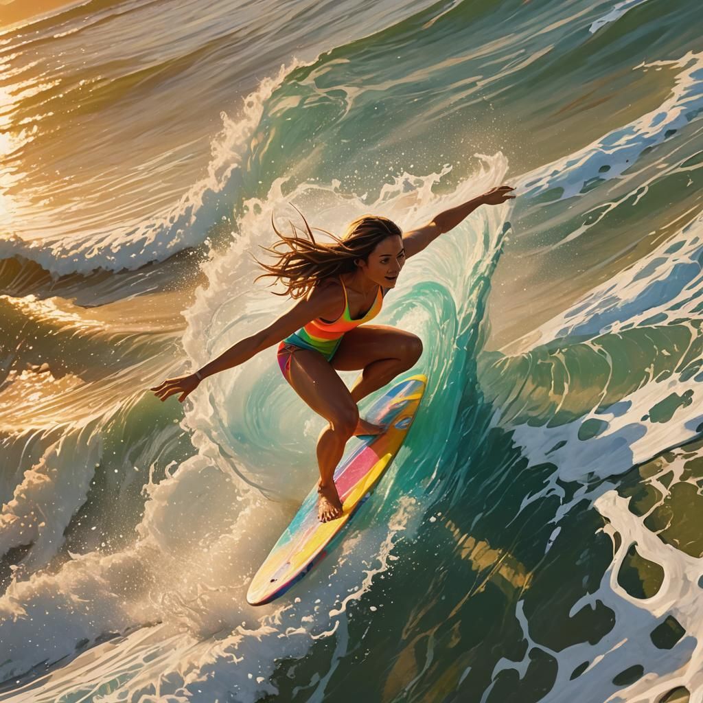 Girl Surfing a Wave in Tropical Paradise