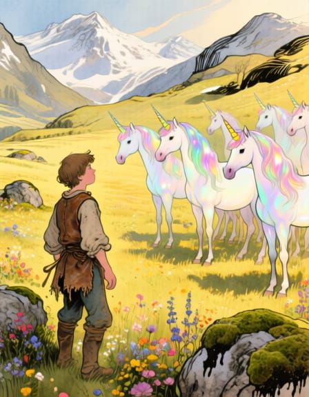 Peasant Ranch Hand Guards Unicorns in Alpine Meadow