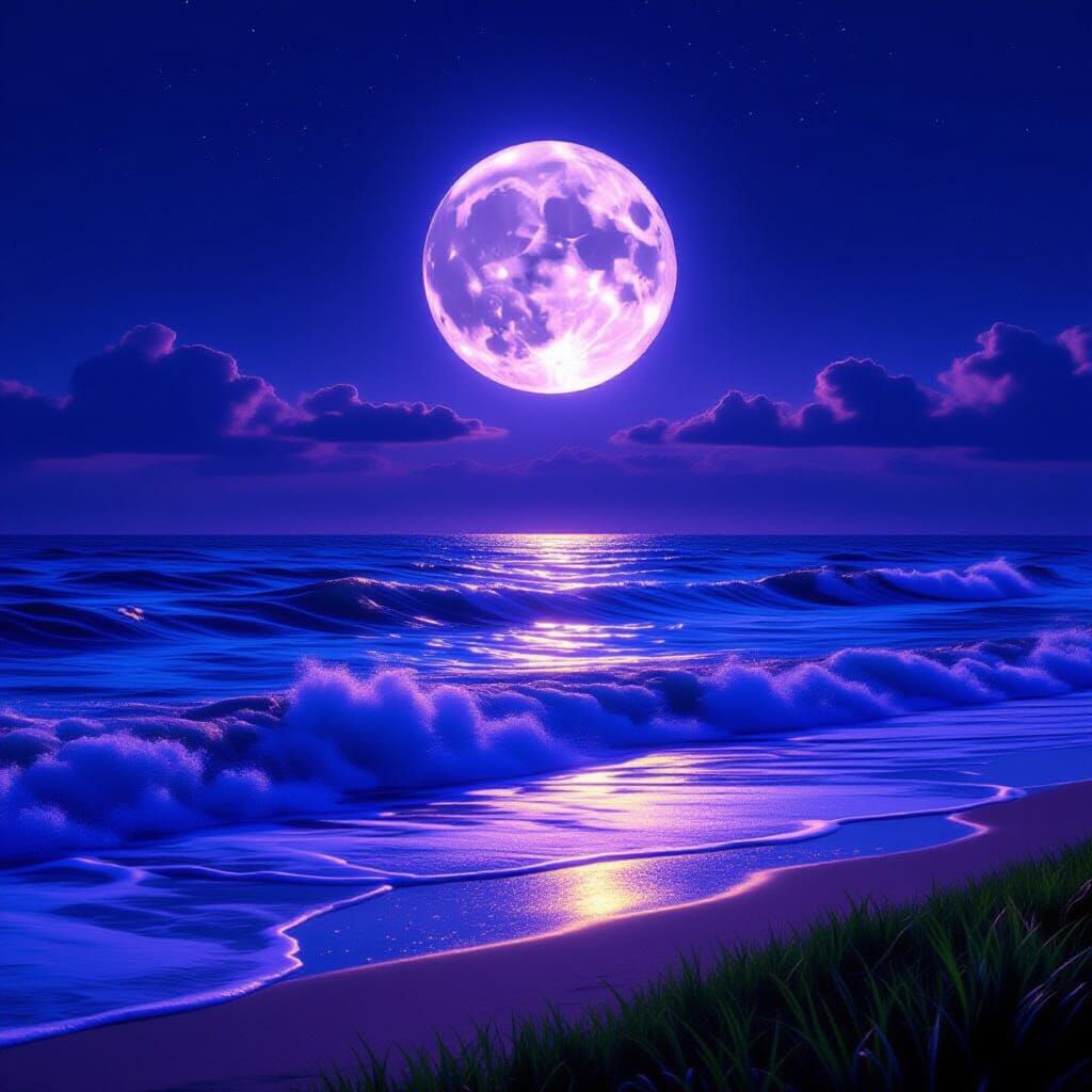 Twilight Moonlit Beach with Orange Waves