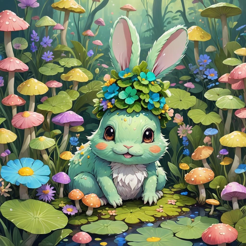 Pastel Anime Bunny-Frog Hybrid in Lush Setting
