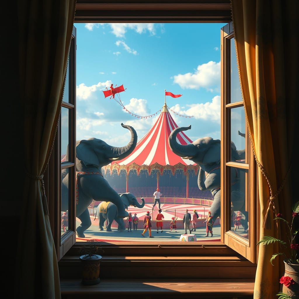 Whimsical Circus Scene Beyond a Normal House Window
