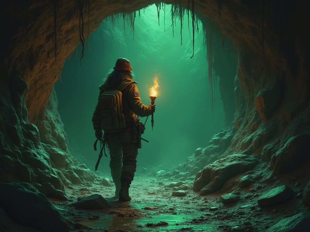 Female Explorer Discovering Glowing Relic Inside Cave