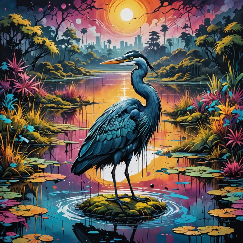Mystical Heron in Ancient Lake: Graffiti Art Style