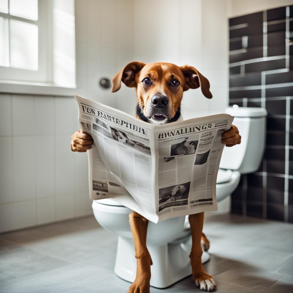 Dog Reading Newspaper on Toilet: Professional Photography