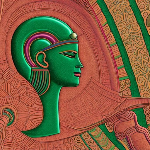 ancient egyptian frieze with full-length, profile drawing of the sun god, RA minimalist neo-primitivism green and magent...