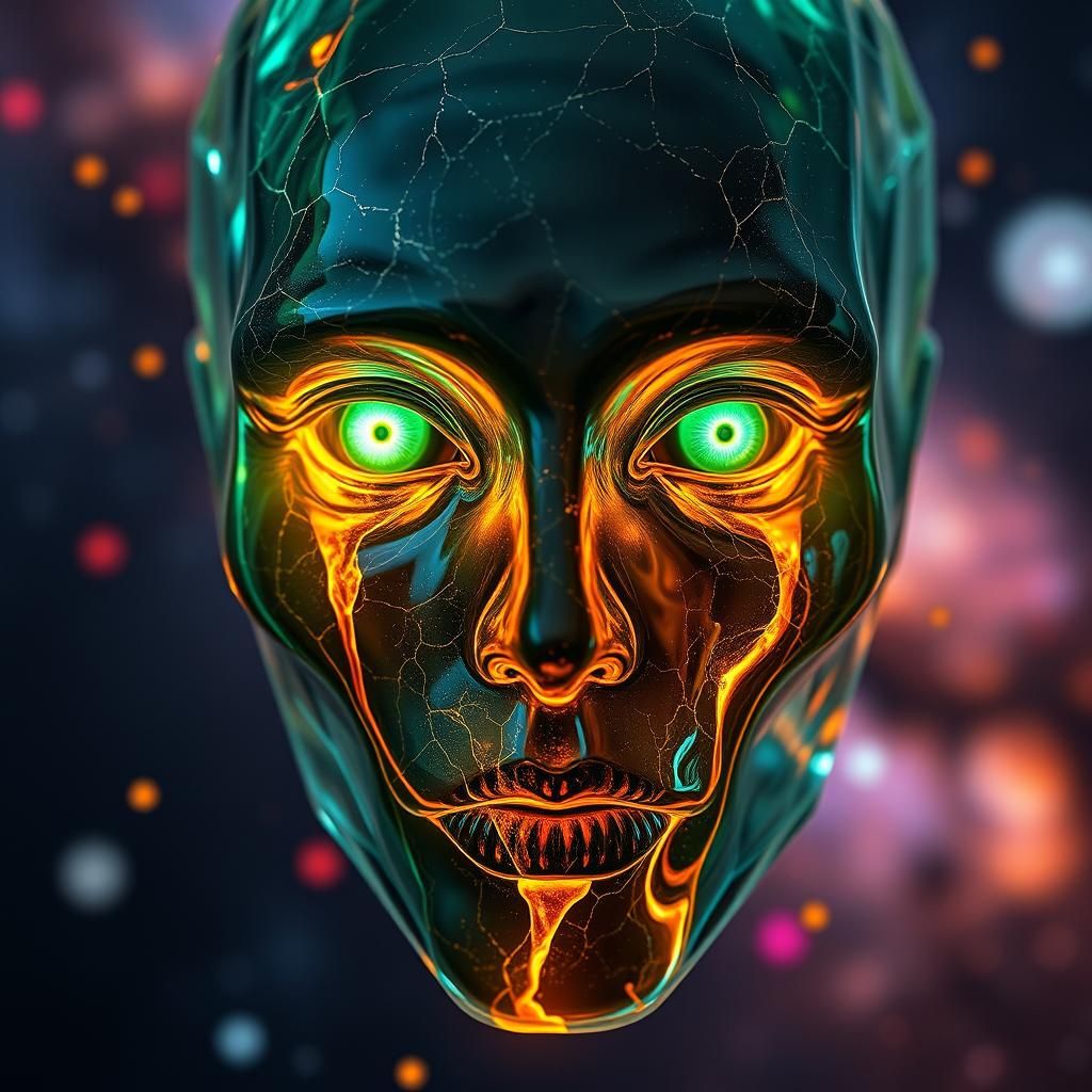 Glass Face Floating in Universe with Fiery Waterfall