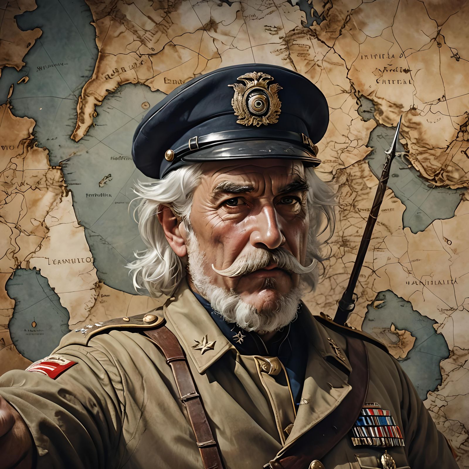 General with Eyepatch Points to Weathered Map