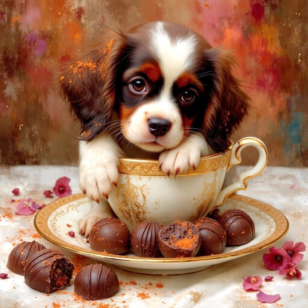 Chocolate Puppy in Cup: Hyperdetailed Painting