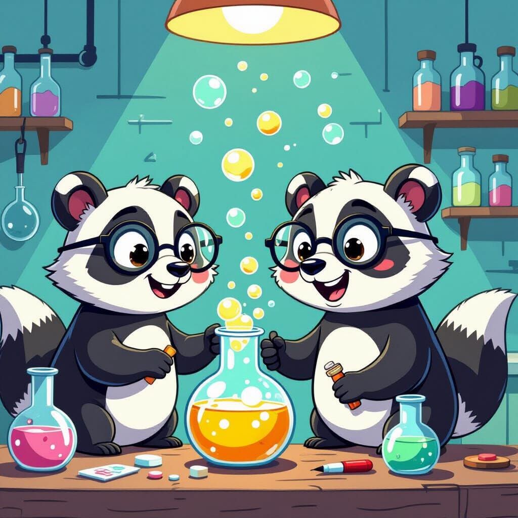 Cartoon Badgers Mixing Potions in a Colorful Lab