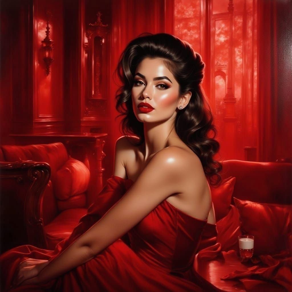 Monochromatic Red Portrait of Woman in Golden Hour Moonlight