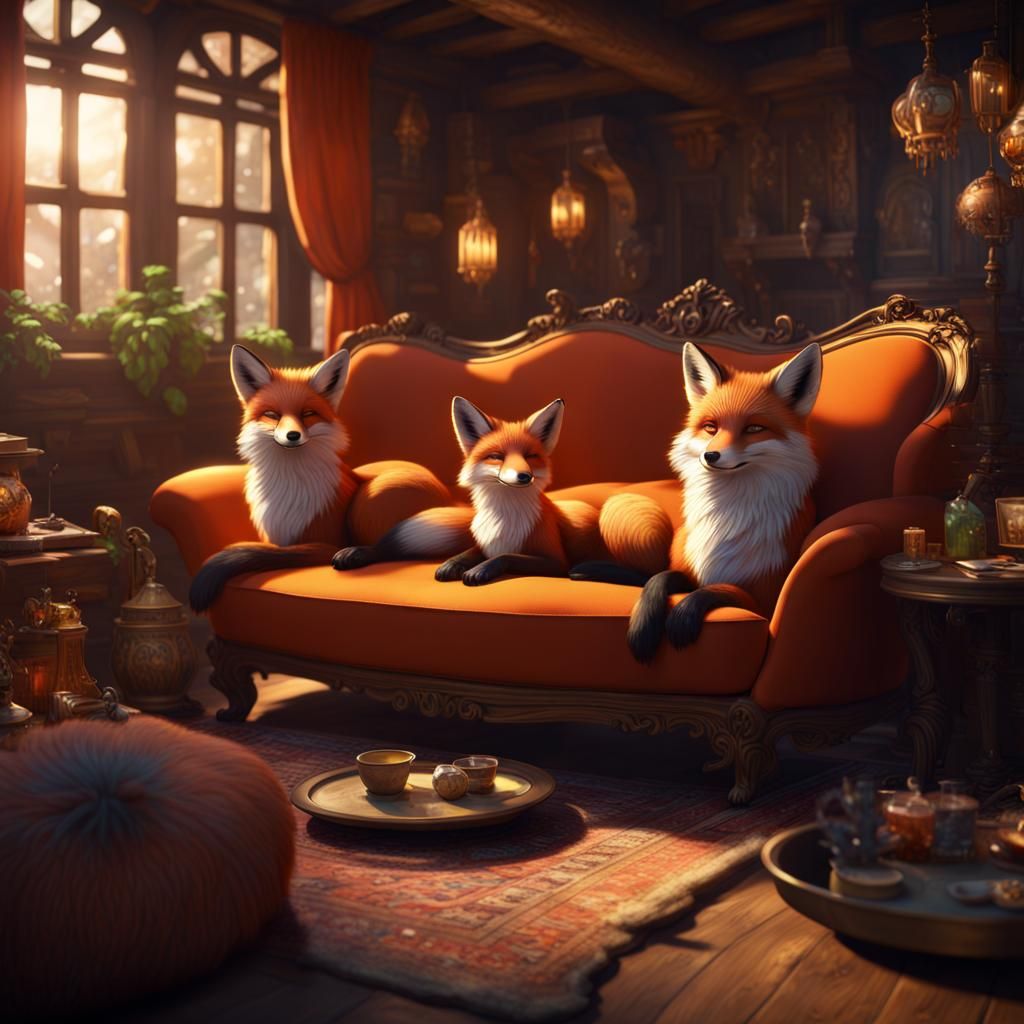 Foxes Relaxing in Cozy Lounge: Fantasy Concept Art